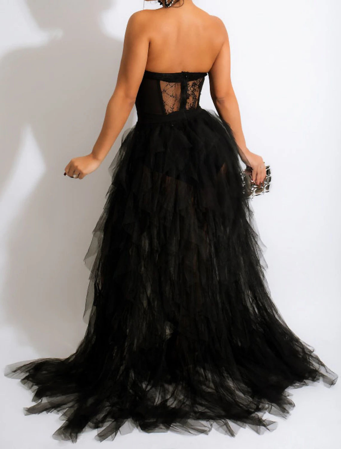 Abito da sera a trapezio con corsetti, abito da cerimonia, da ospite, con strascico, senza maniche, senza spalline, stile Mercoledì Addams, in tulle con spacco